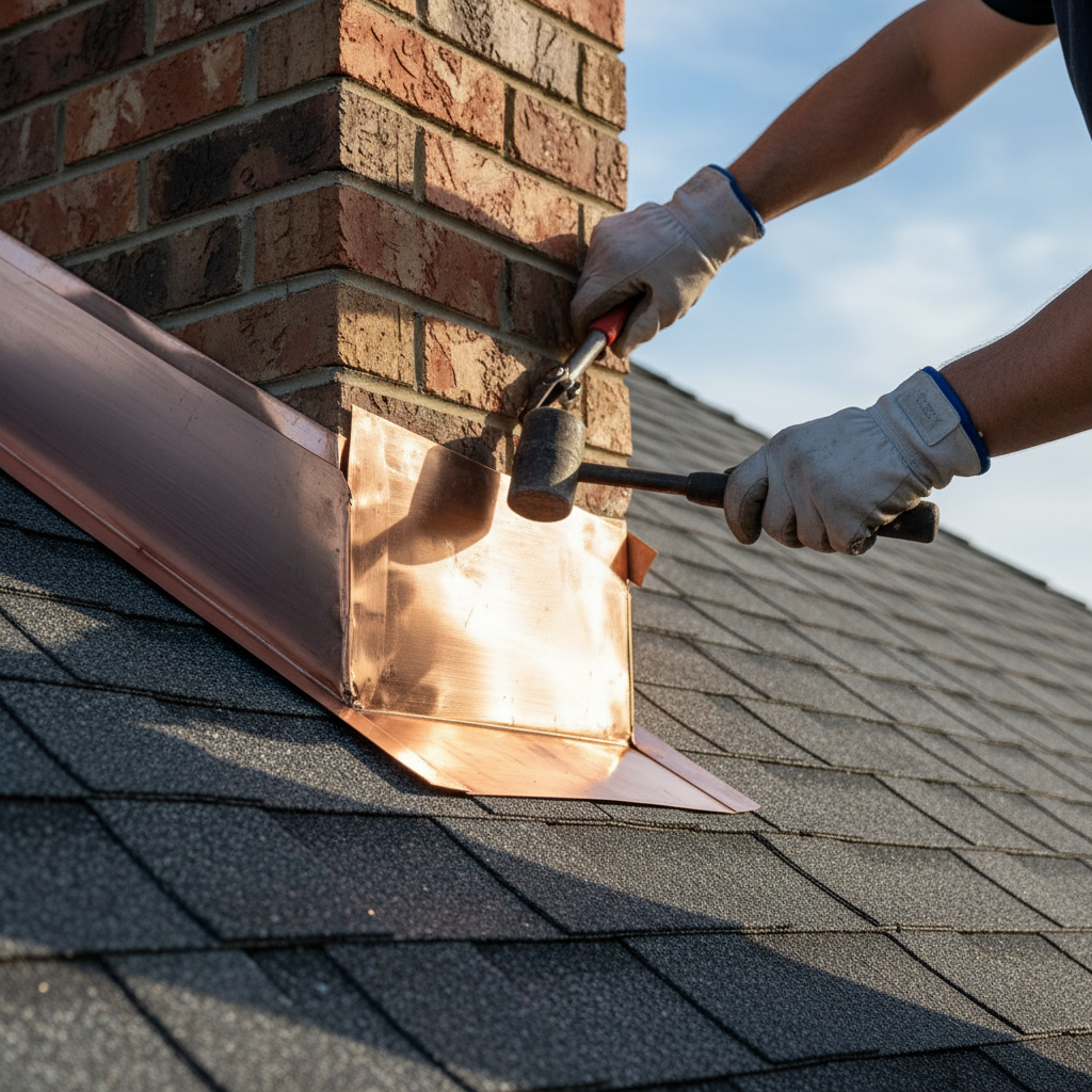 Close-up of professional roofer hands installing metal flashing on a residential chimney