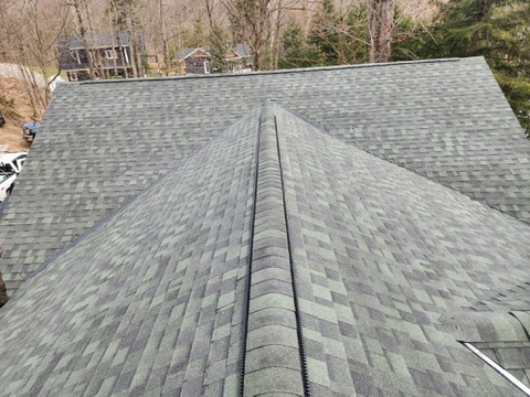 Finished roof with ridge vent and lake in background by 905 Roofing Inc. in Durham Region and the GTA